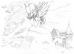 Size: 3507x2550 | Tagged: safe, artist:in3ds2, oc, oc only, oc:queen poland, alicorn, pony, alicorn oc, building, fighter plane, flag, high res, independence day, monochrome, plane, poland, polish national independence day, solo, tank (vehicle), traditional art, war