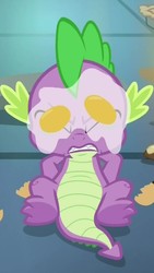 Size: 511x903 | Tagged: safe, screencap, spike, dragon, father knows beast, g4, claws, cropped, egg, eyes closed, male, solo, toes, underfoot, winged spike, wings, yolk