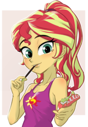 Size: 570x820 | Tagged: safe, artist:ta-na, sunset shimmer, equestria girls, g4, alternate hairstyle, clothes, eating, female, food, looking at you, pocky, ponytail, sleeveless, solo, tank top
