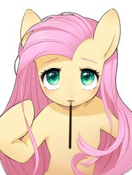 Size: 1536x2048 | Tagged: safe, artist:30clock, fluttershy, pegasus, pony, semi-anthro, g4, arm hooves, cute, female, food, looking at you, mare, mouth hold, pocky, pocky day, shyabetes, simple background, solo, white background