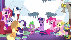 Size: 1280x720 | Tagged: safe, dhx media, screencap, applejack, discord, fluttershy, pinkie pie, princess cadance, princess flurry heart, rainbow dash, rarity, shining armor, spike, twilight sparkle, alicorn, draconequus, dragon, earth pony, pegasus, pony, unicorn, winterchilla, winterzilla, best gift ever, g4, allspark animation, animated, aunt and niece, baby, diaper, discovery family logo, father and daughter, female, food, guitar, i'm not gifted at gifting, male, mane seven, mane six, mother and daughter, musical instrument, playing guitar, pudding, ship:sparity, shipping, singing, song, sound, straight, twilight sparkle (alicorn), webm, winged spike, wings