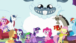 Size: 1920x1080 | Tagged: safe, edit, edited screencap, screencap, applejack, discord, fluttershy, pinkie pie, princess cadance, princess flurry heart, rainbow dash, rarity, shining armor, spike, twilight sparkle, alicorn, draconequus, dragon, earth pony, pegasus, pony, unicorn, winterchilla, winterzilla, best gift ever, g4, animated, aunt and niece, discovery family logo, father and daughter, female, food, male, mark hamill, mother and daughter, pudding, rapsittie street kids: believe in santa, shut that door!, song, sound, twilight sparkle (alicorn), webm, winged spike, wings