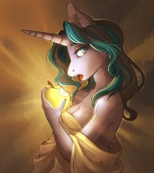 Size: 1024x1150 | Tagged: safe, artist:klaffycloudy, oc, oc only, unicorn, anthro, anthro oc, apple, atalanta, breasts, clothes, eating, female, food, golden apple, greece, greek, greek clothes, greek mythology, herbivore, lidded eyes, looking at you, mare, mythology, open mouth, solo