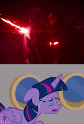 Size: 1023x1494 | Tagged: safe, edit, edited screencap, screencap, twilight sparkle, alicorn, pony, g4, once upon a zeppelin, crossguard lightsaber, crying, death, han solo, kylo ren, lightsaber, star wars, star wars: the force awakens, twilight sparkle (alicorn), weapon