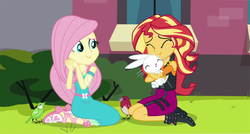 Size: 1332x714 | Tagged: safe, edit, edited screencap, screencap, angel bunny, fluttershy, sunset shimmer, bird, songbird, equestria girls, equestria girls specials, g4, my little pony equestria girls: better together, my little pony equestria girls: forgotten friendship, angelbetes, clothes, cropped, cute, dress, female, happy, hug, kneeling, lucky bastard, photo, shimmerbetes, shyabetes