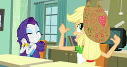 Size: 1291x689 | Tagged: safe, edit, edited screencap, screencap, applejack, rarity, equestria girls, equestria girls specials, g4, my little pony equestria girls: better together, my little pony equestria girls: forgotten friendship, cowboy hat, cropped, cute, duo, female, geode of shielding, happy, hat, magical geodes, shipping fuel, smiling, stetson