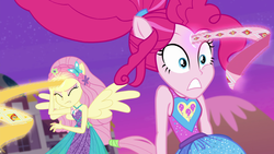 Size: 1920x1080 | Tagged: safe, screencap, fluttershy, pinkie pie, sunset shimmer, equestria girls, equestria girls specials, g4, my little pony equestria girls: better together, my little pony equestria girls: forgotten friendship, animation error, clothes, discovery family logo, dress, female, memory ribbon, ponied up, sleeveless