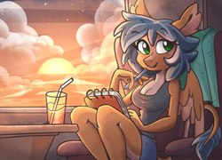 Size: 1847x1330 | Tagged: safe, artist:klaffycloudy, oc, oc only, pegasus, anthro, armchair, bendy straw, breasts, chair, cleavage, drinking straw, female, green eyes, juice, leonine tail, looking at you, notepad, pale belly, pencil, sitting, solo, stars, straw, sun