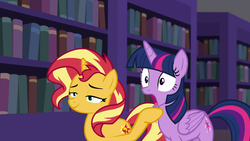 Size: 1920x1080 | Tagged: safe, screencap, sunset shimmer, twilight sparkle, alicorn, unicorn, equestria girls, equestria girls specials, g4, my little pony equestria girls: better together, my little pony equestria girls: forgotten friendship, book, bookgasm, bookshelf, canterlot library, jaw drop, library, shocked, smiling, smugset shimmer, that pony sure does love books, twilight sparkle (alicorn)