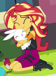 Size: 470x634 | Tagged: safe, screencap, angel bunny, fluttershy, sunset shimmer, bird, equestria girls, equestria girls specials, g4, my little pony equestria girls: better together, my little pony equestria girls: forgotten friendship, angelbetes, cropped, cute, eyes closed, geode of empathy, hug, magical geodes, shimmerbetes, smiling, solo focus