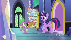 Size: 1920x1080 | Tagged: safe, screencap, spike, twilight sparkle, alicorn, dragon, pony, father knows beast, g4, apple fritter (food), cake, cupcake, food, tray, twilight sparkle (alicorn), winged spike, wings