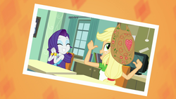 Size: 1920x1080 | Tagged: safe, screencap, applejack, rarity, equestria girls, equestria girls specials, g4, my little pony equestria girls: better together, my little pony equestria girls: forgotten friendship, hat, heart, photo, shipping fuel