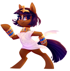 Size: 2832x2858 | Tagged: safe, artist:meekcheep, oc, oc only, oc:high priestess tathra, pony, snake, buck legacy, bandage, bipedal, egyptian, female, gold, high res, mare, orange eyes, peytral, purple hair, simple background, solo, tanned, thick eyelashes, tiara, transparent background
