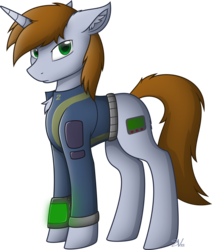 Size: 4000x4712 | Tagged: safe, artist:starlessnight22, oc, oc only, oc:littlepip, pony, unicorn, fallout equestria, chest fluff, clothes, crossover, ear fluff, fallout, fanfic, fanfic art, female, hooves, horn, jumpsuit, looking at you, mare, pipbuck, simple background, solo, standing, transparent background, vault suit, vector