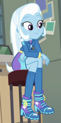 Size: 306x611 | Tagged: safe, screencap, trixie, equestria girls, equestria girls series, forgotten friendship, g4, boots, clothes, cropped, crossed arms, crossed legs, cute, diatrixes, female, high heel boots, high heels, hoodie, jacket, kneesocks, legs, moe, shoes, sitting, skirt, smiling, socks, solo, stool
