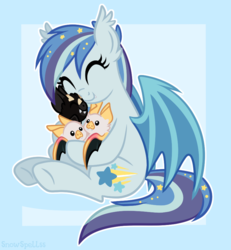 Size: 820x889 | Tagged: safe, artist:centchi, artist:dreamyeevee, oc, oc only, oc:star struck, bat pony, pony, abstract background, bat pony oc, collaboration, cute, cute little fangs, ear tufts, ethereal mane, eyes closed, fangs, hug, plushie, smiling, solo, starry mane, toy