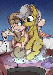 Size: 1280x1811 | Tagged: safe, artist:calena, oc, oc only, oc:may blossom, oc:quick silver, earth pony, pegasus, pony, carpet, controller, girlfriend, hug, pillow, playing, simple background, snes controller, super nintendo, television, video game