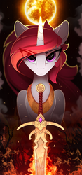 Size: 1125x2411 | Tagged: safe, artist:yakovlev-vad, princess celestia, alicorn, pony, art pack:equestrian royalty, g4, alternate hair color, ash, eye clipping through hair, female, fire, flaming sword, frown, glare, lidded eyes, looking at you, mare, slender, solo, sun, sword, thin, warrior, warrior celestia, weapon