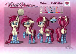 Size: 1600x1132 | Tagged: safe, artist:calena, oc, oc only, oc:velvet passion, earth pony, pony, clothes, cutie mark, eyeshadow, freckles, makeup, not roseluck, open mouth, reference sheet, socks, solo, starry eyes, striped socks, wingding eyes