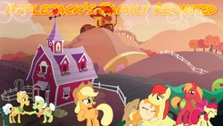 Size: 2048x1152 | Tagged: safe, editor:huntercwalls, apple bloom, applejack, big macintosh, bright mac, grand pear, granny smith, pear butter, g4, the perfect pear, apple siblings, apple sisters, brother and sister, fanfic, fanfic art, fanfic cover, father and daughter, father and son, father and son-in-law, female, grandfather and grandchild, grandfather and granddaughter, grandfather and grandson, grandmother and grandchild, grandmother and granddaughter, grandmother and grandson, happy, heartwarming, male, mother and child, mother and daughter, mother and daughter-in-law, mother and son, reunion, ship:brightbutter, shipping, siblings, sisters, straight, sweet apple acres