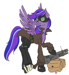 Size: 788x852 | Tagged: artist needed, safe, oc, oc only, oc:starshine bomber, cyborg, pegasus, pony, fallout equestria, fallout, female, grenade launcher, grenades, simple background, solo, weapon, white background