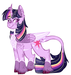 Size: 729x768 | Tagged: safe, artist:wanderingpegasus, twilight sparkle, alicorn, pony, g4, chest fluff, cloven hooves, curved horn, cutie mark, ear fluff, female, horn, leonine tail, mare, pale belly, simple background, smiling, solo, twilight sparkle (alicorn), white background