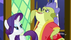 Size: 1920x1080 | Tagged: safe, screencap, rarity, sludge (g4), dragon, pony, father knows beast, g4, clothes, punchable, rarity is not amused, robe, unamused