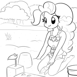 Size: 1280x1280 | Tagged: safe, artist:tjpones, pinkie pie, equestria girls, g4, my little pony equestria girls: better together, barefoot, clothes, feet, female, monochrome, sandcastle, shovel, smiling, solo, swimsuit, tree