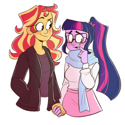 Size: 1280x1280 | Tagged: dead source, safe, artist:wizardstove, sci-twi, sunset shimmer, twilight sparkle, equestria girls, g4, alternate clothes, blushing, clothes, cute, duo, female, holding hands, lesbian, scarf, ship:sci-twishimmer, ship:sunsetsparkle, shipping, simple background, twiabetes, white background