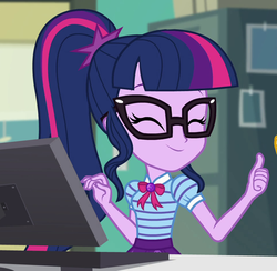 Size: 967x945 | Tagged: safe, screencap, sci-twi, twilight sparkle, equestria girls, equestria girls specials, g4, my little pony equestria girls: better together, my little pony equestria girls: forgotten friendship, cropped, cute, eyes closed, female, geode of telekinesis, glasses, magical geodes, ponytail, smiling, solo, thumbs up, twiabetes