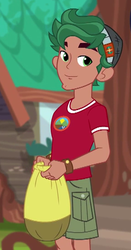 Size: 288x551 | Tagged: safe, screencap, timber spruce, equestria girls, g4, my little pony equestria girls: legend of everfree, bag, camp everfree outfits, clothes, cropped, male, shorts, smiling, solo