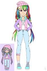 Size: 1860x2790 | Tagged: safe, artist:ilaria122, rainbow dash, human, g4, beanie, braid, braided pigtails, clothes, female, hat, humanized, jersey, jewelry, necklace, pants, pastel, pastel girl, pastel girl challenge, shirt, shoes, simple background, sneakers, socks, solo, transparent background