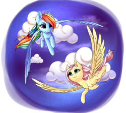Size: 2792x2500 | Tagged: safe, artist:deltahedgehog, fluttershy, rainbow dash, pegasus, pony, g4, cloud, duo, female, flying, high res, looking at each other, mare, sky, spread wings, wings