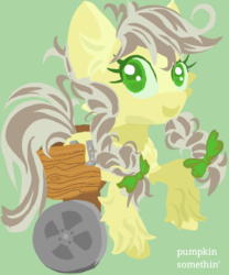 Size: 374x450 | Tagged: safe, artist:pumpkin-somethin-art, jinx, earth pony, pony, g4, leap of faith, background pony, bow, colored hooves, cute, cutie mark, disabled, ear fluff, female, hair bow, hooves, leg fluff, lineless, mare, simple background, solo, text, unshorn fetlocks, wheelchair