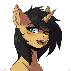 Size: 2200x2200 | Tagged: safe, artist:serodart, oc, oc only, pony, unicorn, female, high res, one eye closed, open mouth, smiling, solo