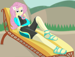 Size: 3216x2430 | Tagged: safe, alternate version, artist:grapefruitface1, fluttershy, equestria girls, g4, my little pony equestria girls: better together, beach, beach chair, bored, chair, clothes, fluttershy's wetsuit, full body, high res, looking at you, relaxing, sandals, show accurate, sitting, solo, swimsuit, wetsuit