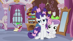 Size: 1280x720 | Tagged: safe, screencap, rarity, spike, sweetie belle, dragon, pony, unicorn, g4, sisterhooves social, alternate hairstyle, animated, argument, bow, female, filly, letter, male, mare, quill, siblings, sisters, sitting, sound, tail bow, talking, webm