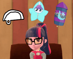 Size: 1106x903 | Tagged: safe, anonymous artist, princess flurry heart, sci-twi, twilight sparkle, best gift ever, equestria girls, g4, 3d, animated, armchair, barely animated, blue's clues, chair, clothes, costume, female, gif, helmet, rocket, star flurry heart, stars, thinking chair, trixie's rocket