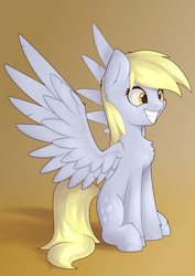 Size: 2720x3847 | Tagged: safe, artist:renderpoint, derpibooru exclusive, derpy hooves, pegasus, pony, g4, chest fluff, cute, derpabetes, female, grin, happy, high res, mare, simple background, sitting, smiling, solo, spread wings, wings