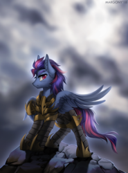Size: 900x1217 | Tagged: safe, artist:margony, oc, oc only, oc:lost, pegasus, pony, armor, blurry background, commission, digital art, ear fluff, frown, full body, looking back, male, multicolored hair, multicolored mane, multicolored tail, rock, solo, stallion