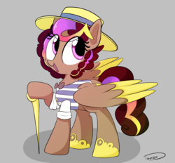Size: 2541x2362 | Tagged: safe, artist:taurson, oc, oc only, oc:hors, pegasus, pony, bowtie, cane, clothes, colored wings, female, flim flam outfit, gift art, hat, high res, mare, multicolored wings, simple background, smiling, solo