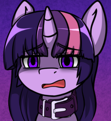 Size: 878x954 | Tagged: safe, artist:duop-qoub, twilight sparkle, alicorn, pony, descended twilight, g4, bust, collar, context in description, do not want, female, gradient background, mare, open mouth, solo, twilight sparkle (alicorn)