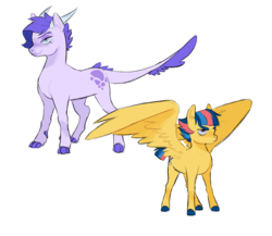 Size: 1798x1560 | Tagged: safe, artist:kianamai, oc, oc only, oc:crystal clarity, oc:starburst, dracony, hybrid, pegasus, pony, kilalaverse, colored claws, colored hooves, dewclaw, duo, female, interspecies offspring, large wings, mare, next generation, offspring, parent:flash sentry, parent:rarity, parent:spike, parent:twilight sparkle, parents:flashlight, parents:sparity, simple background, spread wings, style emulation, white background, wings