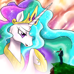 Size: 800x800 | Tagged: safe, artist:anonymous, princess celestia, oc, oc:anon, alicorn, human, pony, g4, /mlp/, blade runner, blade runner 2049, clothes, crown, drawthread, duo, female, giant pony, giantlestia, hoof shoes, jewelry, macro, male, mare, parody, peytral, ponified, regalia, scene parody, size difference, suit