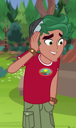 Size: 341x575 | Tagged: safe, screencap, timber spruce, equestria girls, g4, my little pony equestria girls: legend of everfree, camp everfree outfits, clothes, cropped, embarrassed, hand in pocket, male, shorts, smiling, solo