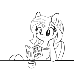 Size: 1280x1280 | Tagged: safe, artist:tjpones, sunset shimmer, anthro, equestria girls, g4, :i, book, chair, clothes, cup, cute, female, food, monochrome, ponied up, reading, shimmerbetes, simple background, sitting, solo, table, tea, teacup, white background