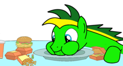 Size: 732x391 | Tagged: safe, artist:didgereethebrony, oc, oc only, oc:didgeree, pony, burger, chips, fast food, food, french fries, hay burger, horseshoe fries, junk food, needs more saturation, plate, soda, solo, tablet