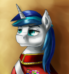 Size: 2700x2900 | Tagged: safe, artist:dukevonkessel, shining armor, pony, unicorn, g4, bust, clothes, ear fluff, high res, male, portrait, simple background, solo, stallion, uniform