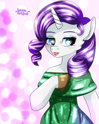 Size: 1280x1600 | Tagged: safe, artist:lucaaegus, rarity, anthro, g4, christmas, clothes, dress, green, green dress, holiday, pink, sparkle, winter