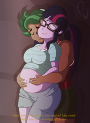 Size: 1472x2000 | Tagged: safe, artist:phyll, sci-twi, timber spruce, twilight sparkle, equestria girls, g4, belly, belly button, big belly, breasts, busty twilight sparkle, cap, clothes, couple, crowded house, crying, don't dream it's over, female, glasses, hat, hug, hug from behind, lyrics, male, married, outie belly button, preglight sparkle, pregnant, pregnant equestria girls, sensibly-proportioned pregnancy, shipping, signature, simple background, song reference, straight, tears of joy, teary eyes, teen pregnancy, teenager, text, timbertwi, wholesome